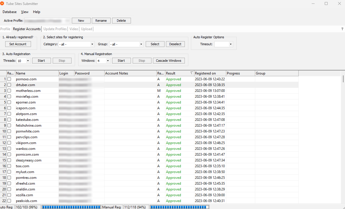 Tube Sites Submitter — Register Accounts tab with per-site registration results