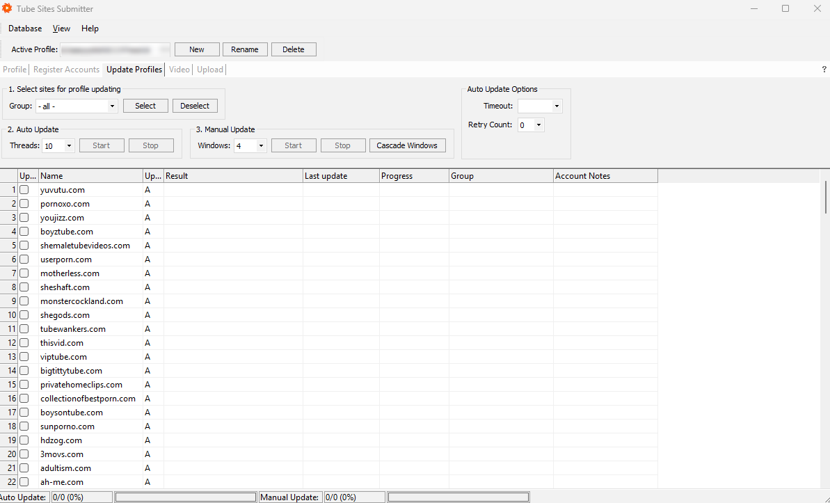 Tube Sites Submitter — Update Profiles tab showing the thread count, manual window count and retry settings