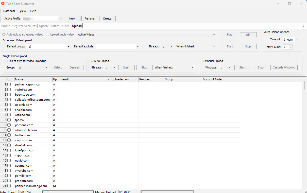 Tube Sites Submitter — the Upload tab, where users pick the tube sites they publish to