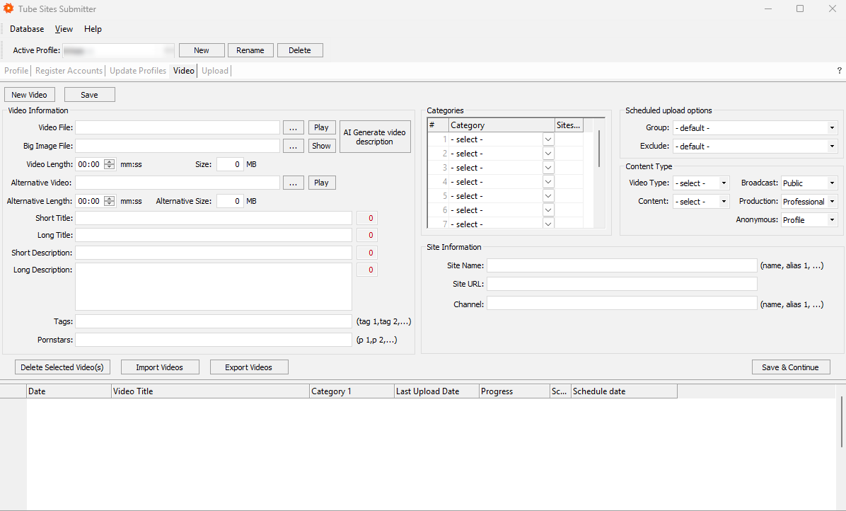 Tube Sites Submitter — Video tab with titles, descriptions, tags, categories and the AI Generate button