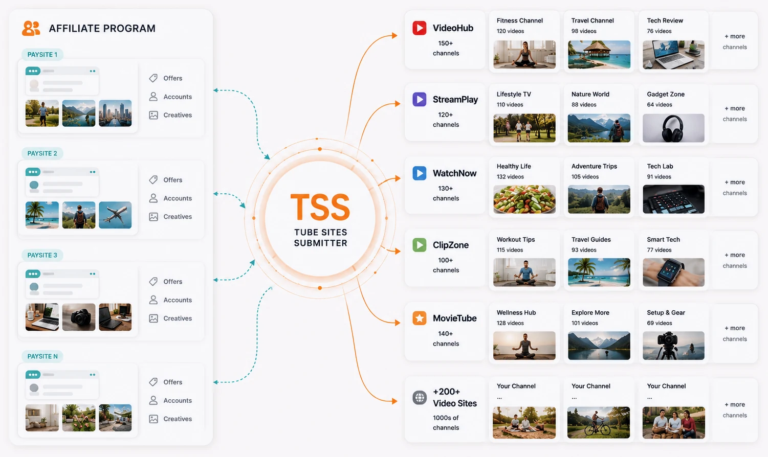 Offers, accounts and creatives from several paysites distributed through TSS to hundreds of video sites and their channels