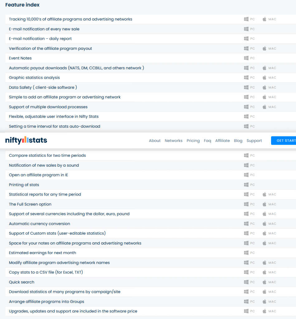 Comparison of features in Nifty Stats between Windows and Mac versions.