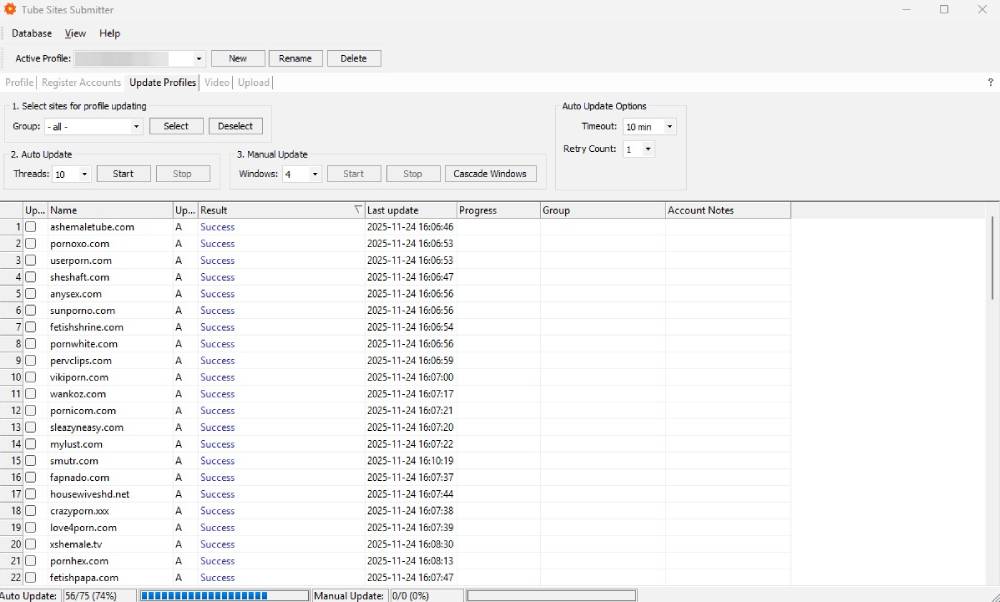 bulk update of existing profiles on tube sites